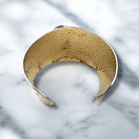 Vintage Raku Ceramic 80s Wide Cuff Bracelet Brutalist Gold Tone Metallic Glazed - Picture 6 of 6